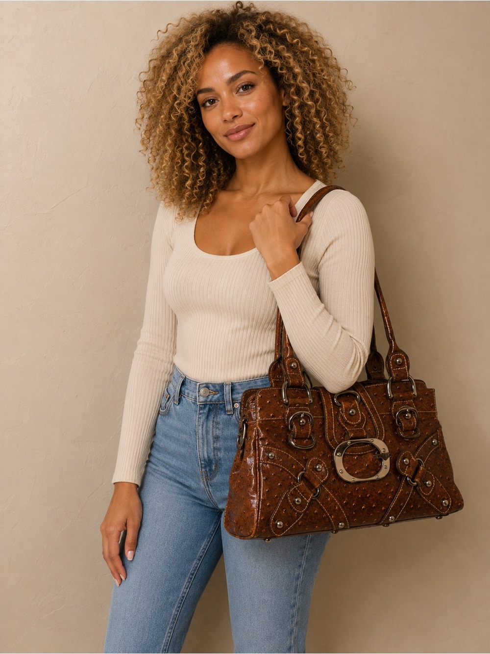 Vintage Y2K Guess Brown Faux Ostrich Shoulder Bag Purse Silver Hardware